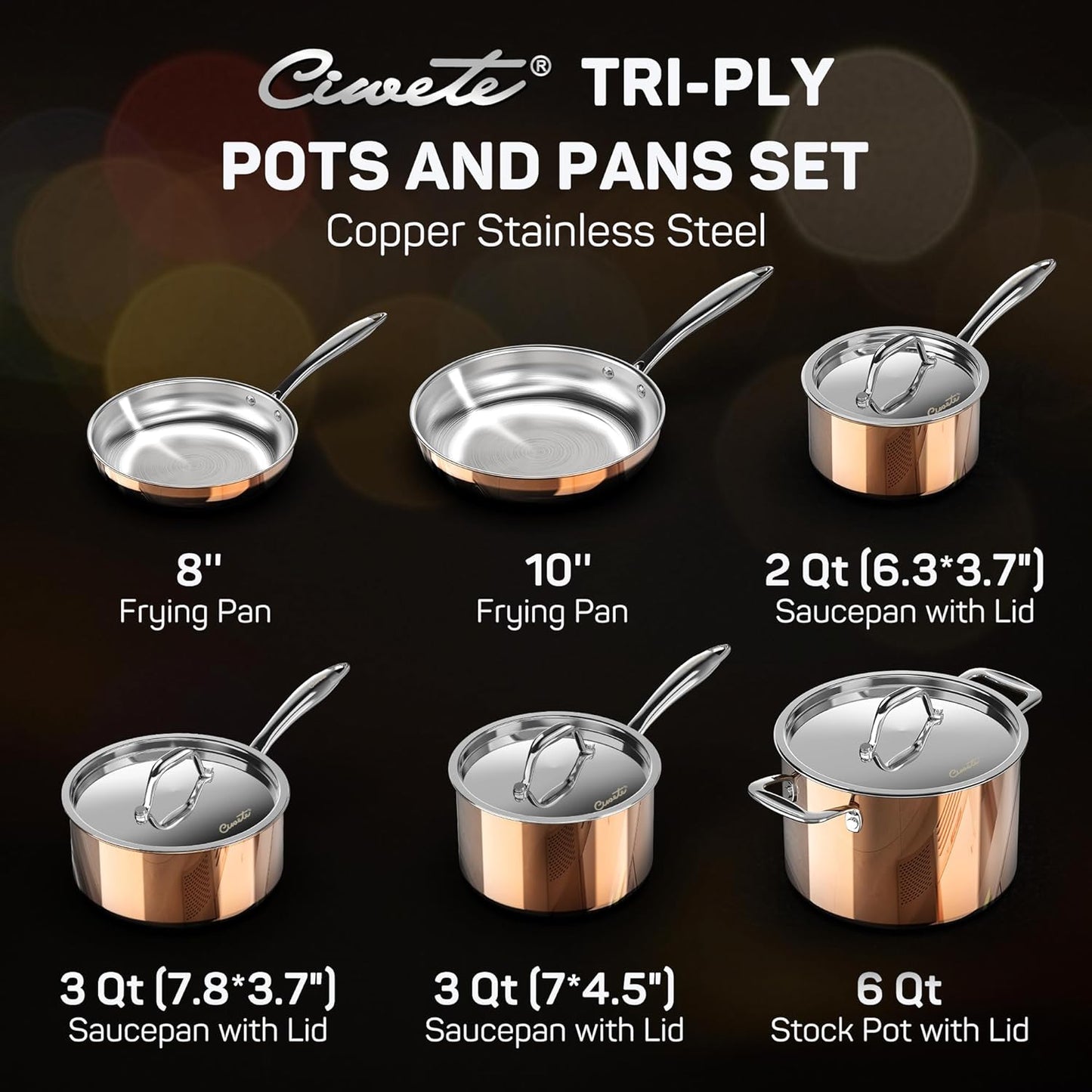 Whole Tri-Ply 18/10 Stainless Steel Cookware Set, 10 Pcs Elegant Copper Pots and Pans Set, Induction Cookware, Frying Pans, Saucepans & Stock Pot with Lid, Ideal Gift for Wedding, Housewarming