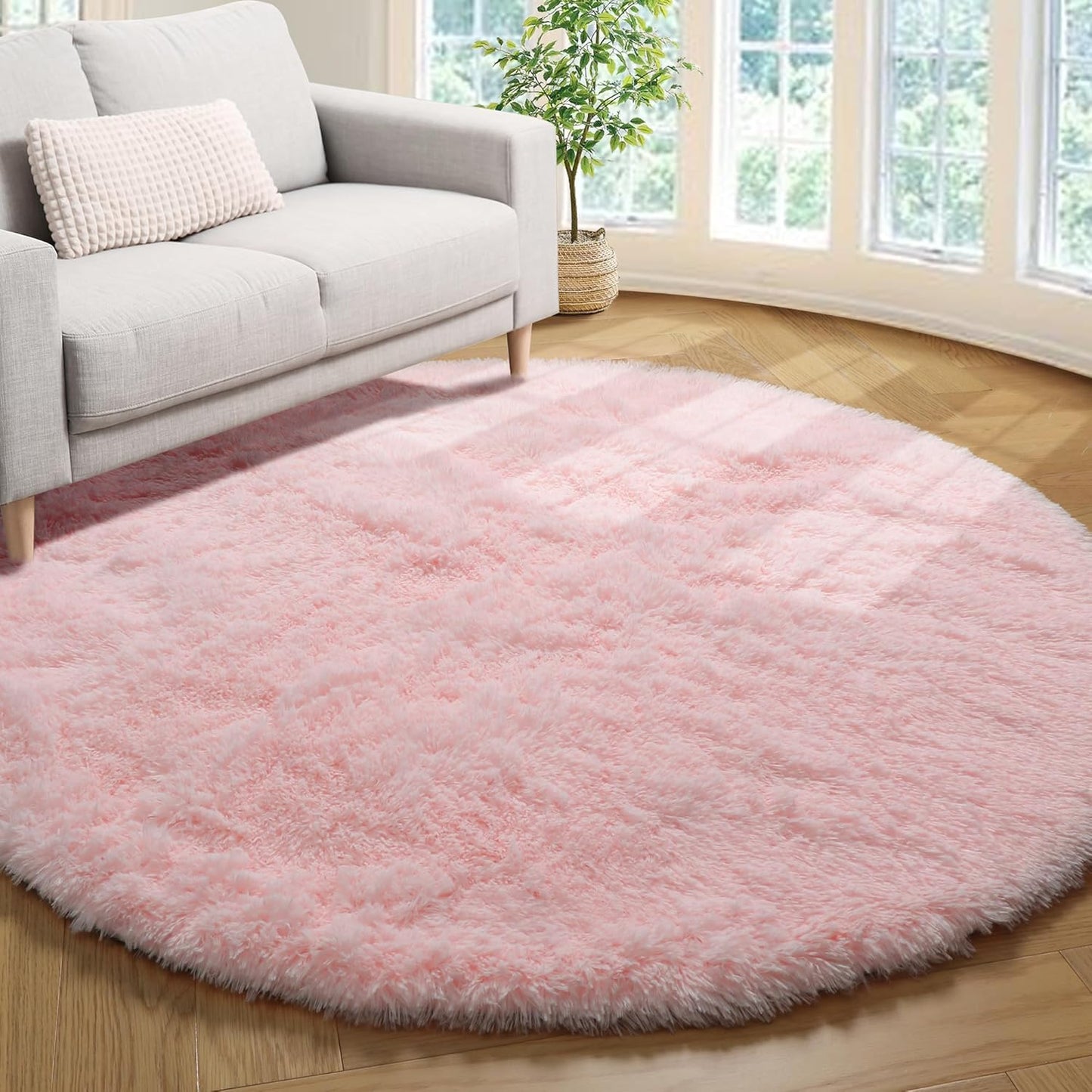 Light Pink round Area Rugs 2Ft for Bedroom Living Room, Fluffy Cat Dog Bed Mat, Washable Circle Rug for Kids Girls Boys Teen, Soft Plush Shaggy Carpet for Nursery Dorm Home Decor Aesthetic