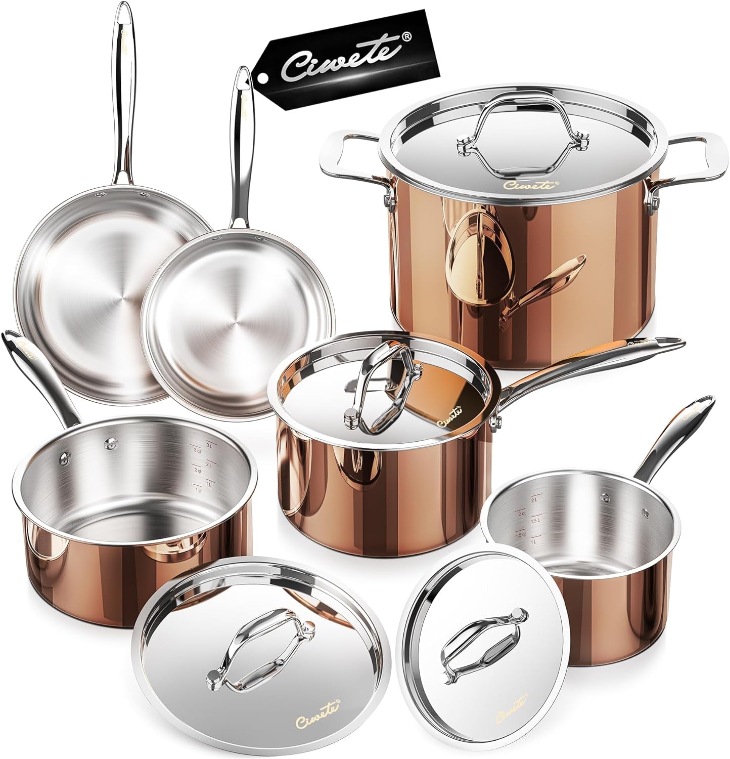 Whole Tri-Ply 18/10 Stainless Steel Cookware Set, 10 Pcs Elegant Copper Pots and Pans Set, Induction Cookware, Frying Pans, Saucepans & Stock Pot with Lid, Ideal Gift for Wedding, Housewarming