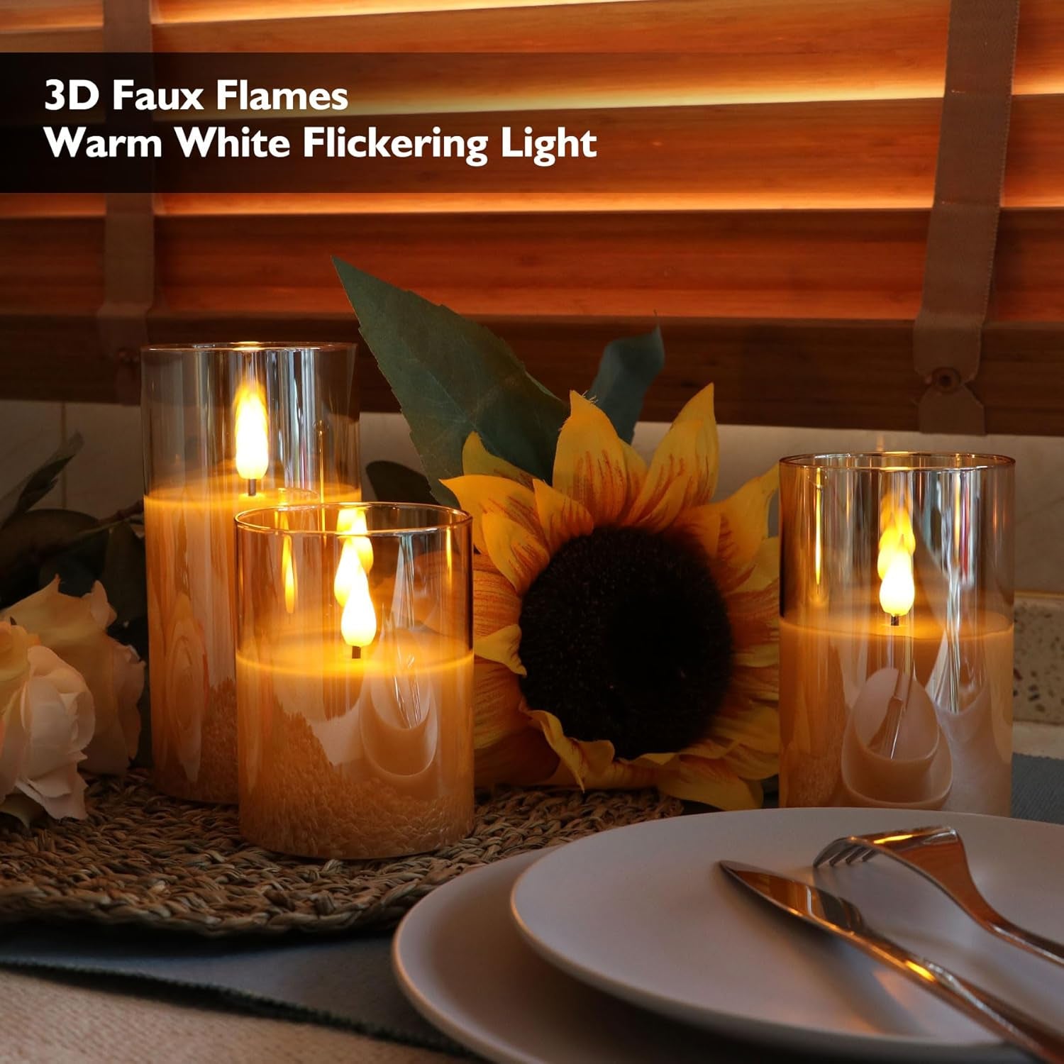 Gold Glass Battery Operated Candles with Remote, Flameless LED Candle Gift Set, Warm White Light - Include 6 Batteries