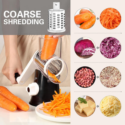 Rotary Cheese Grater Hand Crank Cheese Shredder for Fresh Cheese, Vegetable, Nuts,Non-Slip Suction Base, Free Cleaning Brush Three Blades, Black