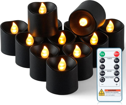 12Pack 400+Hour Remote Control Flameless Candles, 2/4/6/8H Timer Led Votive Candles, Battery Operated Tea Lights for Wedding Table Centerpiece, Holidays, Halloween Pumpkins-Black Base