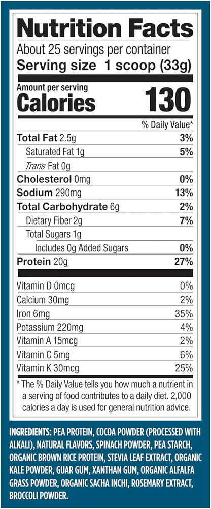 Protein + Supergreens - 20G Plant-Based Protein, Chocolate, 25 Servings, Real Greens & Veggies, n Keto, 0G Added Sugar, Non-Gmo, Gluten Free, Dairy Free, 1.8Lbs (Packaging May Vary)