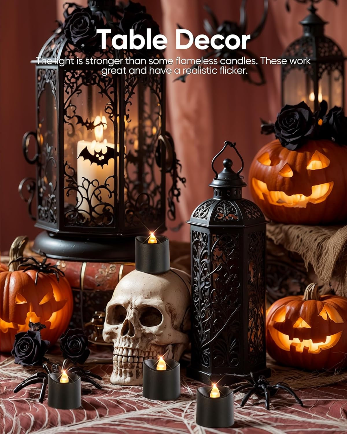 12Pack 400+Hour Remote Control Flameless Candles, 2/4/6/8H Timer Led Votive Candles, Battery Operated Tea Lights for Wedding Table Centerpiece, Holidays, Halloween Pumpkins-Black Base