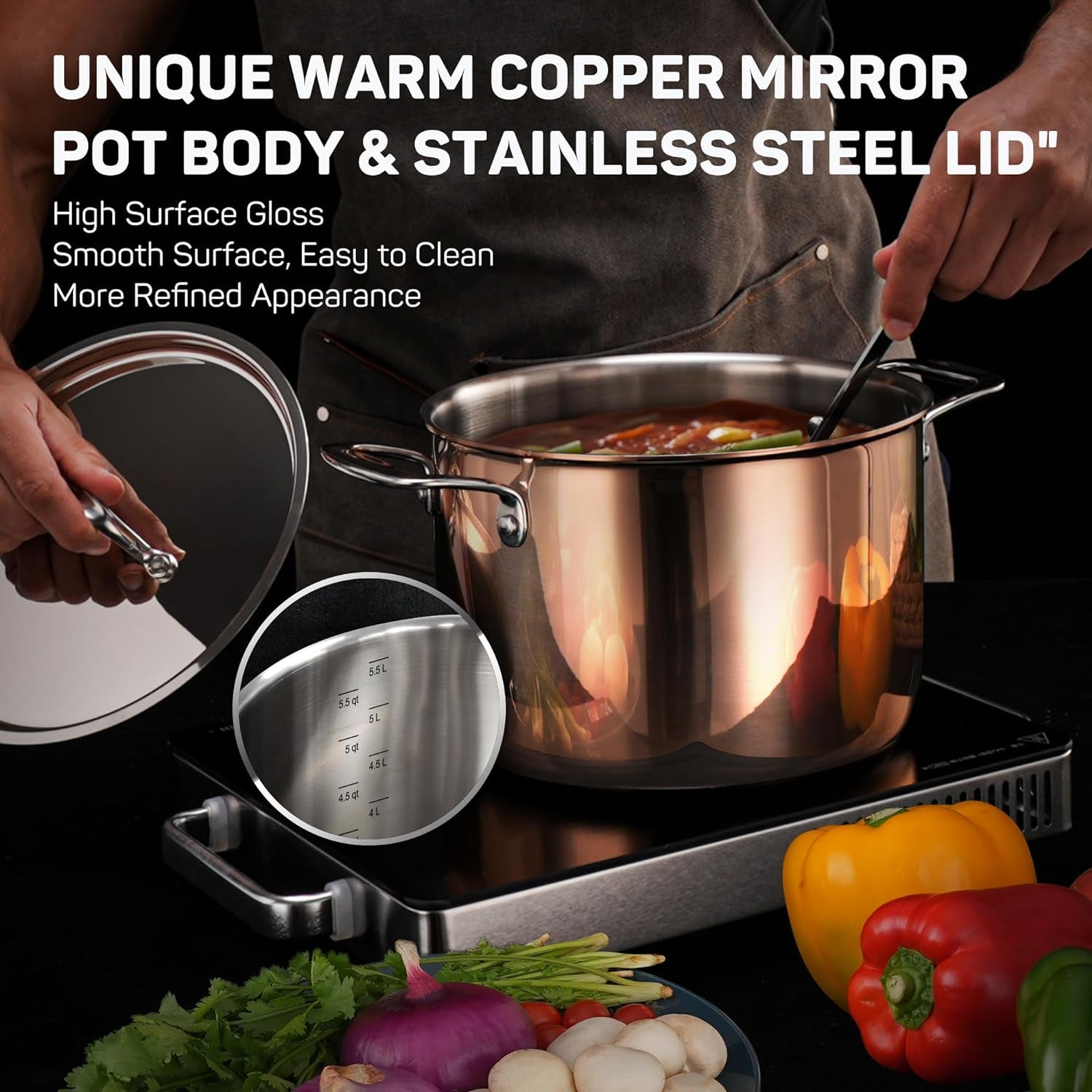 Whole Tri-Ply 18/10 Stainless Steel Cookware Set, 10 Pcs Elegant Copper Pots and Pans Set, Induction Cookware, Frying Pans, Saucepans & Stock Pot with Lid, Ideal Gift for Wedding, Housewarming