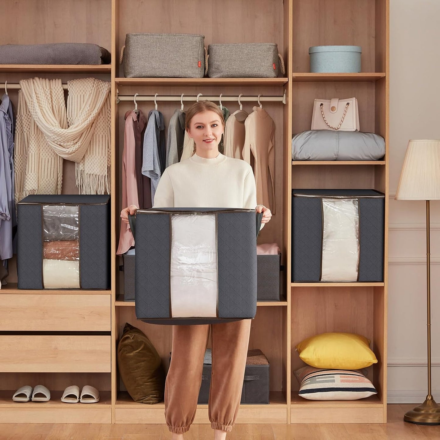 3 Pack Clothes Storage Bins with Lids, Foldable Blanket Storage Bags with Zippers, Clear Window and Reinforced Handles, Closet and Organization for Clothing, Sweater, Comforter, Bedding, Gray