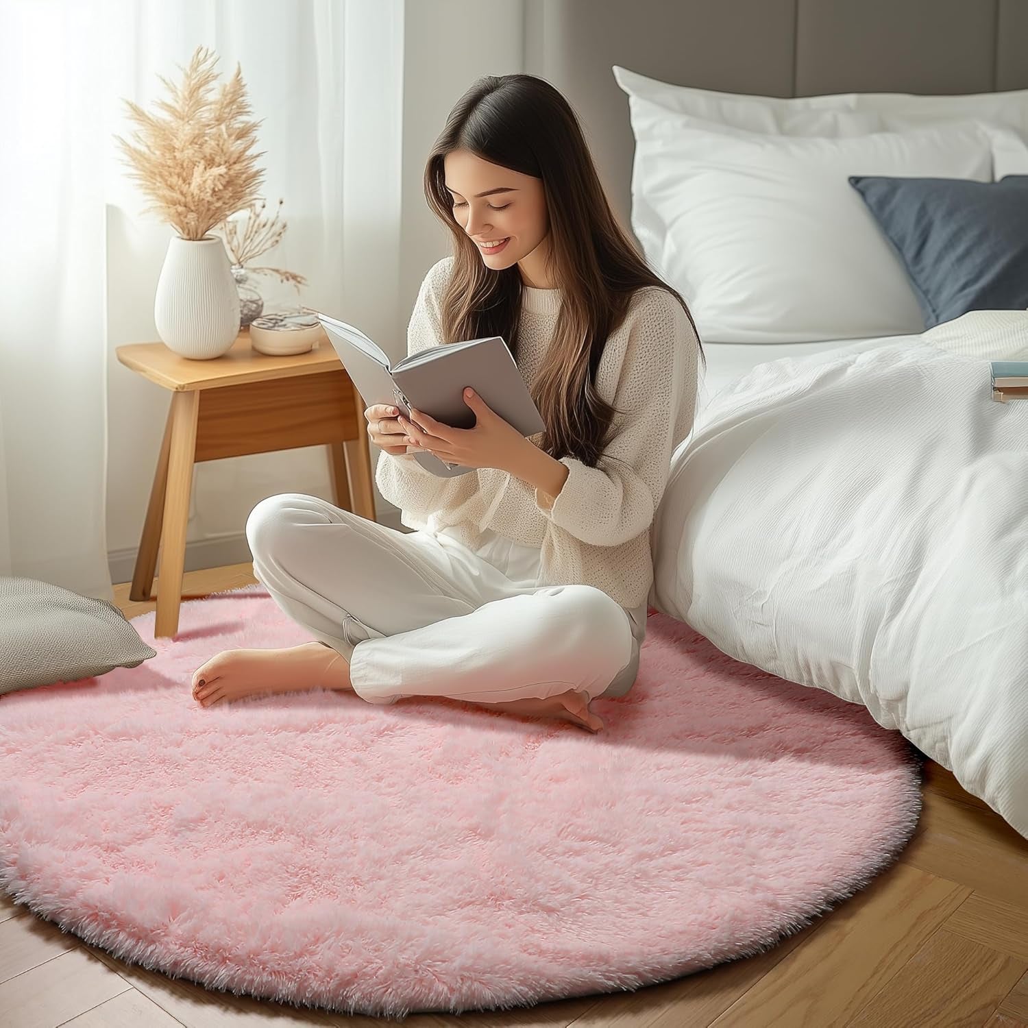 Light Pink round Area Rugs 2Ft for Bedroom Living Room, Fluffy Cat Dog Bed Mat, Washable Circle Rug for Kids Girls Boys Teen, Soft Plush Shaggy Carpet for Nursery Dorm Home Decor Aesthetic