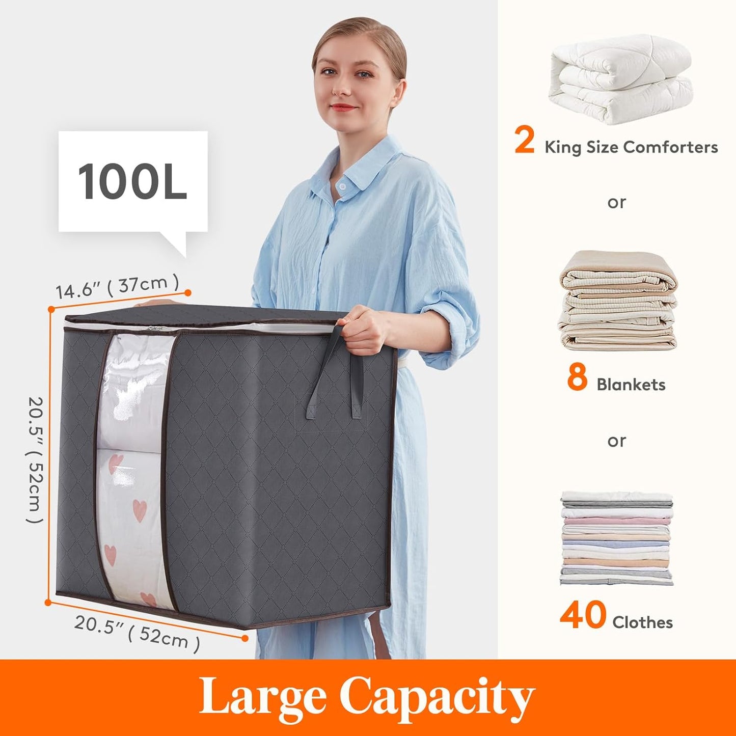 3 Pack Clothes Storage Bins with Lids, Foldable Blanket Storage Bags with Zippers, Clear Window and Reinforced Handles, Closet and Organization for Clothing, Sweater, Comforter, Bedding, Gray