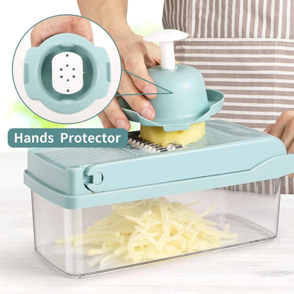 Veggie Chopper with Container, Stainless Steel, 7 Blade Options, Food-Grade Components - Blue