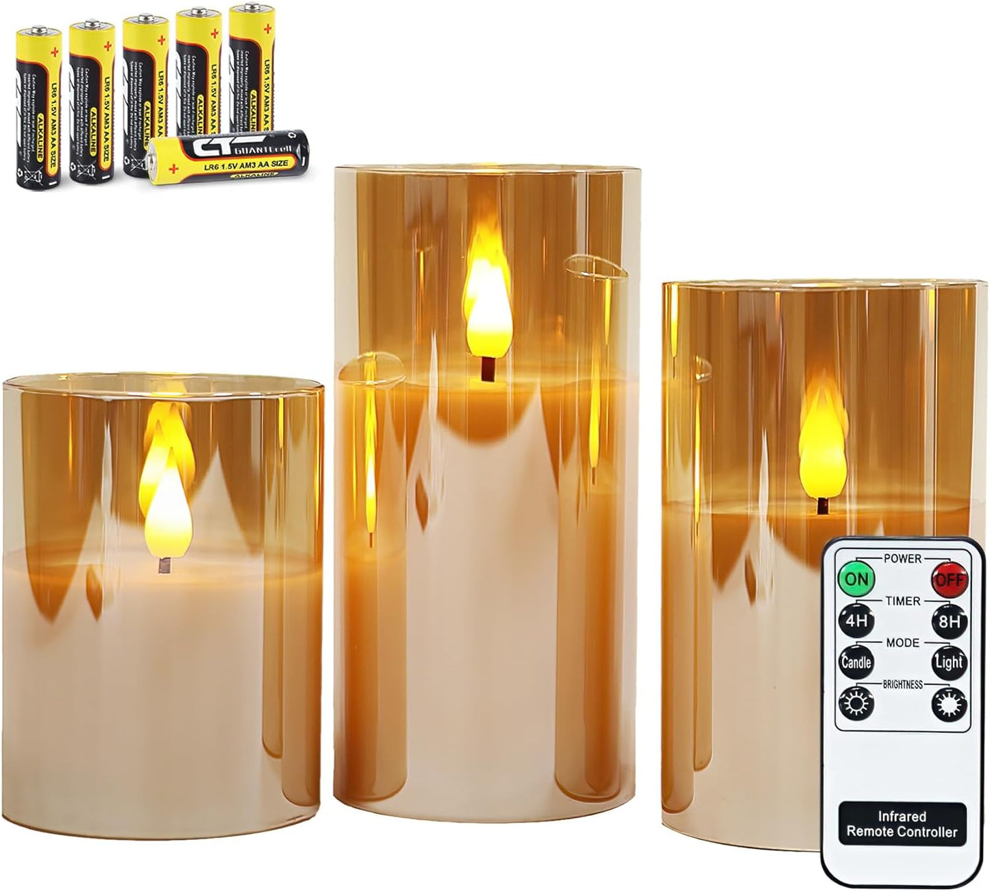 Gold Glass Battery Operated Candles with Remote, Flameless LED Candle Gift Set, Warm White Light - Include 6 Batteries
