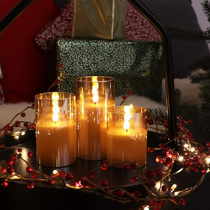 Gold Glass Battery Operated Candles with Remote, Flameless LED Candle Gift Set, Warm White Light - Include 6 Batteries