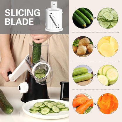 Rotary Cheese Grater Hand Crank Cheese Shredder for Fresh Cheese, Vegetable, Nuts,Non-Slip Suction Base, Free Cleaning Brush Three Blades, Black