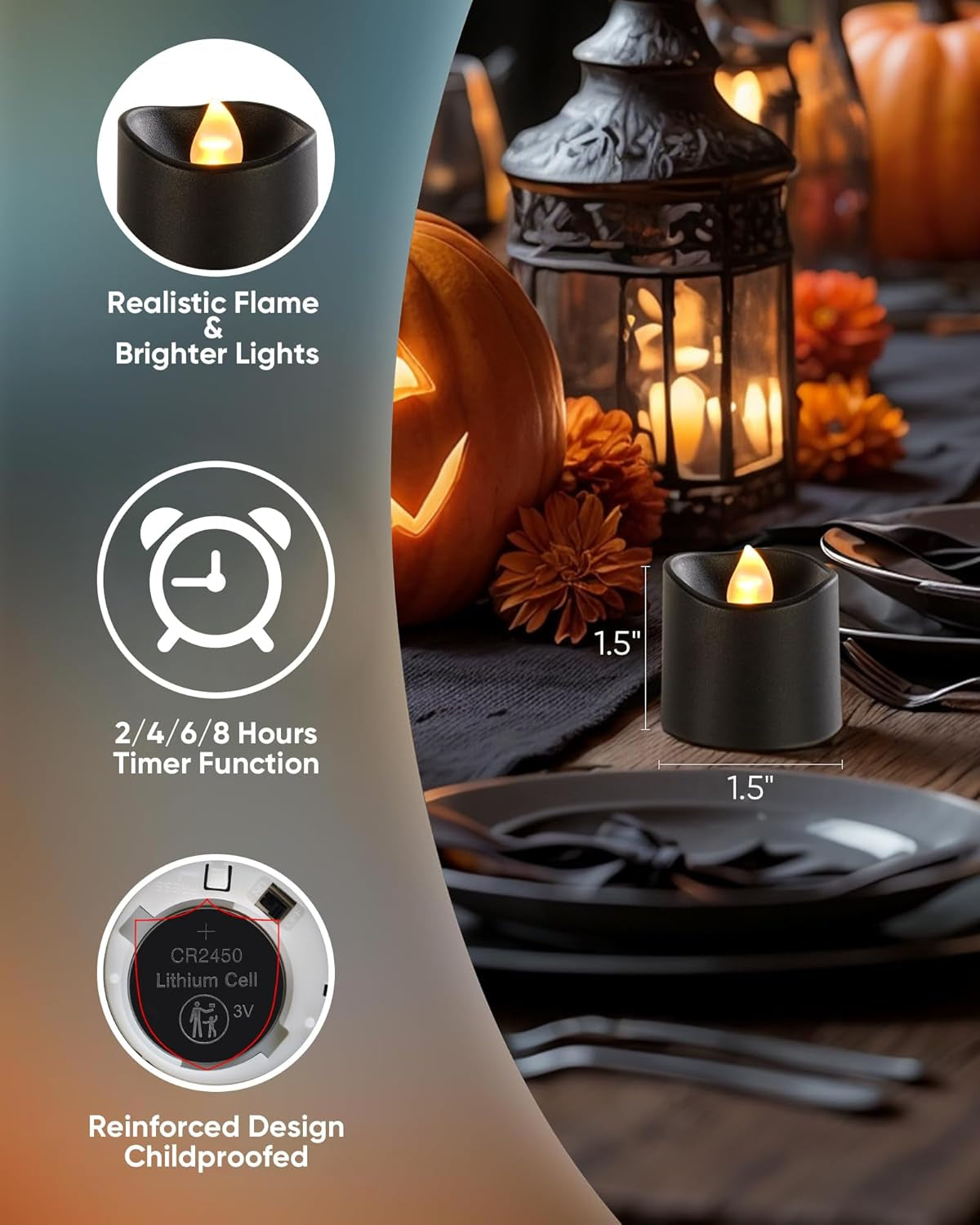 12Pack 400+Hour Remote Control Flameless Candles, 2/4/6/8H Timer Led Votive Candles, Battery Operated Tea Lights for Wedding Table Centerpiece, Holidays, Halloween Pumpkins-Black Base
