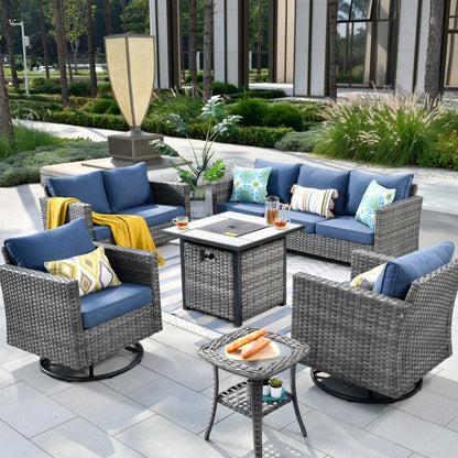 Lovall Rattan Wicker 7 - Person Seating Group with Fire Pit and Cushions