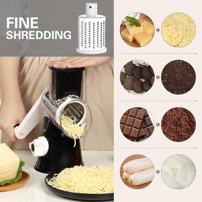 Rotary Cheese Grater Hand Crank Cheese Shredder for Fresh Cheese, Vegetable, Nuts,Non-Slip Suction Base, Free Cleaning Brush Three Blades, Black
