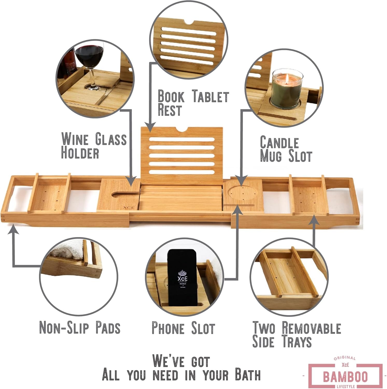 Bamboo Bathtub Caddy Tray - Expandable to 41 Inches with Book Stand, Soap Holder & Anti-Slip Pads for Luxury Bath Spa, Natural