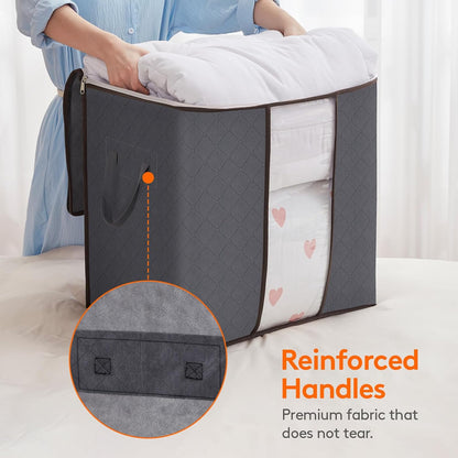 3 Pack Clothes Storage Bins with Lids, Foldable Blanket Storage Bags with Zippers, Clear Window and Reinforced Handles, Closet and Organization for Clothing, Sweater, Comforter, Bedding, Gray