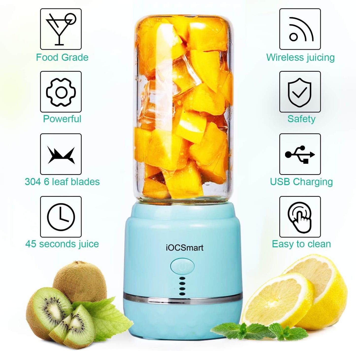 Portable Blender on the Go, Mini Juicer Blender for Shakes and Smoothies, Personal Blender USB Rechargeable with 2 Juice Cup (Blue)