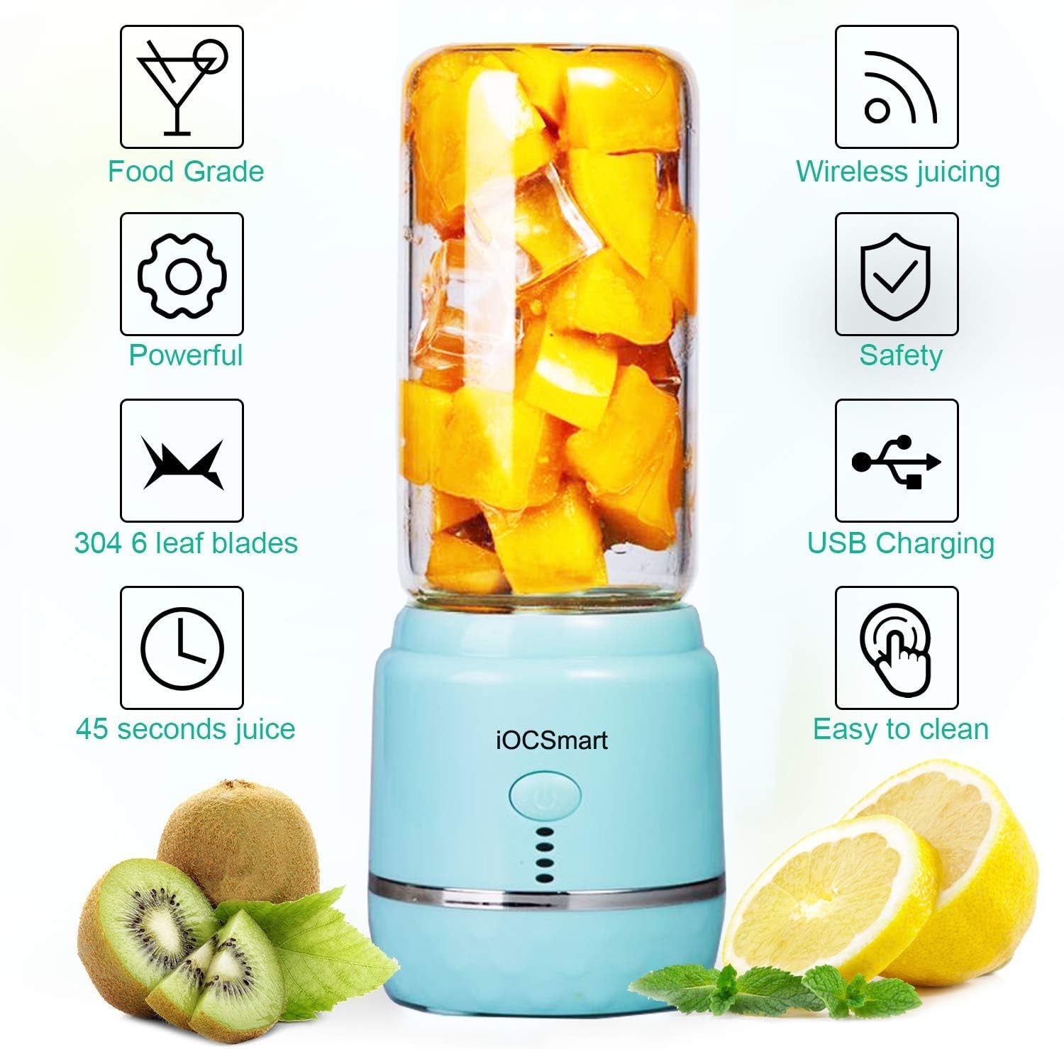 Portable Blender on the Go, Mini Juicer Blender for Shakes and Smoothies, Personal Blender USB Rechargeable with 2 Juice Cup (Blue)