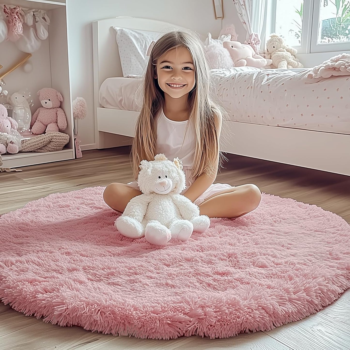 Light Pink round Area Rugs 2Ft for Bedroom Living Room, Fluffy Cat Dog Bed Mat, Washable Circle Rug for Kids Girls Boys Teen, Soft Plush Shaggy Carpet for Nursery Dorm Home Decor Aesthetic