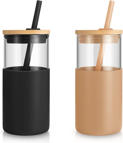 ® 16 Oz Glass Tumbler with Lids and Straw, Reusable Iced Coffee Cup & Smoothie Cup with Bamboo Lid, Silicone Sleeve, Dishwasher Safe, Bpa-Free Borosilicate Glass, 2 Pack