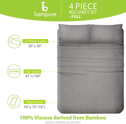 4Pcs - 100% Viscose Derived from Bamboo Sheets Full Size Sheets Set - Super Soft Viscose Bamboo Cooling Sheets for Hot Sleepers - up to 16’’ Deep Pocket - Luxury Series Full Sheet Set (S Gray)