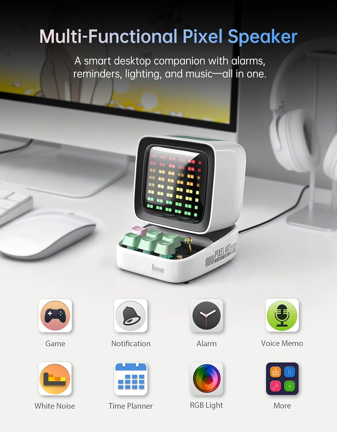 Ditoo Retro Pixel Art Game Bluetooth Speaker with 16X16 LED App Controlled Front Screen (White)