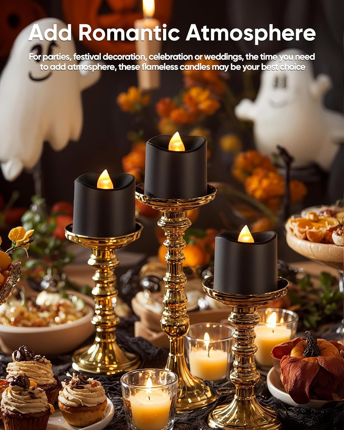 12Pack 400+Hour Remote Control Flameless Candles, 2/4/6/8H Timer Led Votive Candles, Battery Operated Tea Lights for Wedding Table Centerpiece, Holidays, Halloween Pumpkins-Black Base