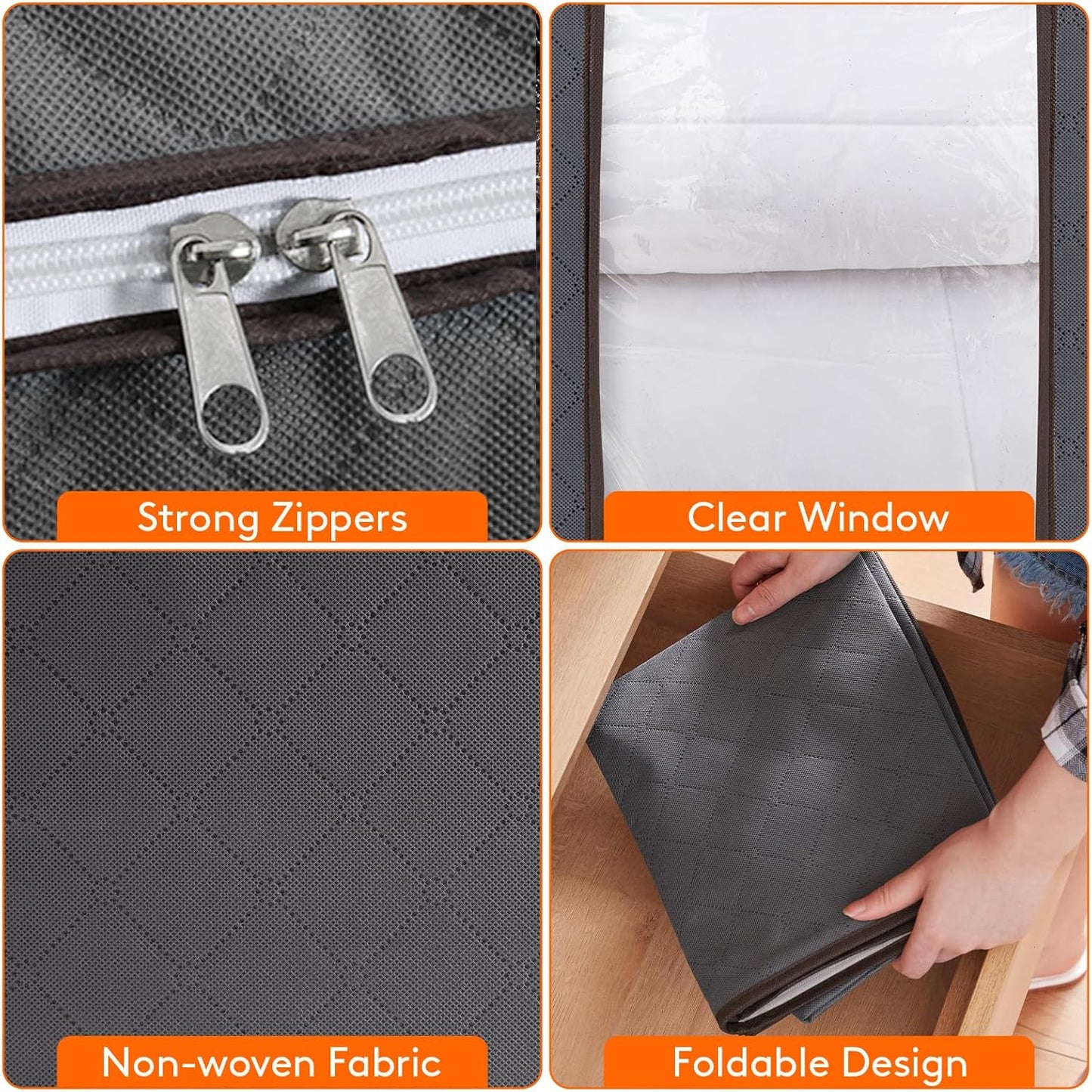 3 Pack Clothes Storage Bins with Lids, Foldable Blanket Storage Bags with Zippers, Clear Window and Reinforced Handles, Closet and Organization for Clothing, Sweater, Comforter, Bedding, Gray