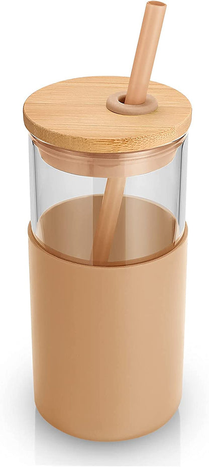 ® 16 Oz Glass Tumbler with Lids and Straw, Reusable Iced Coffee Cup & Smoothie Cup with Bamboo Lid, Silicone Sleeve, Dishwasher Safe, Bpa-Free Borosilicate Glass, 2 Pack